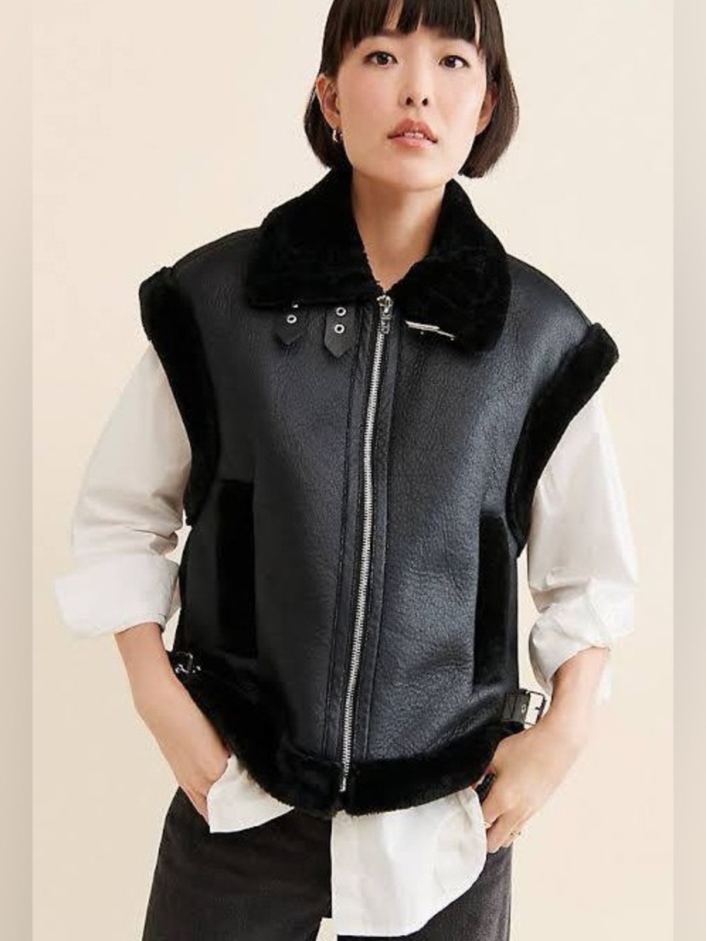 NEW BLANKNYC Vegan Leather Sherpa Oversized Black Vest Buckle Details Moto Sz S - Picture 2 of 12
